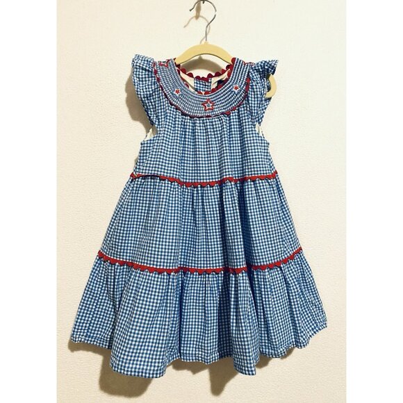 Cynthia Rowley Dress Womens 5T Blue Gingham Smocked Embroidered Star Ruffle - Picture 1 of 5